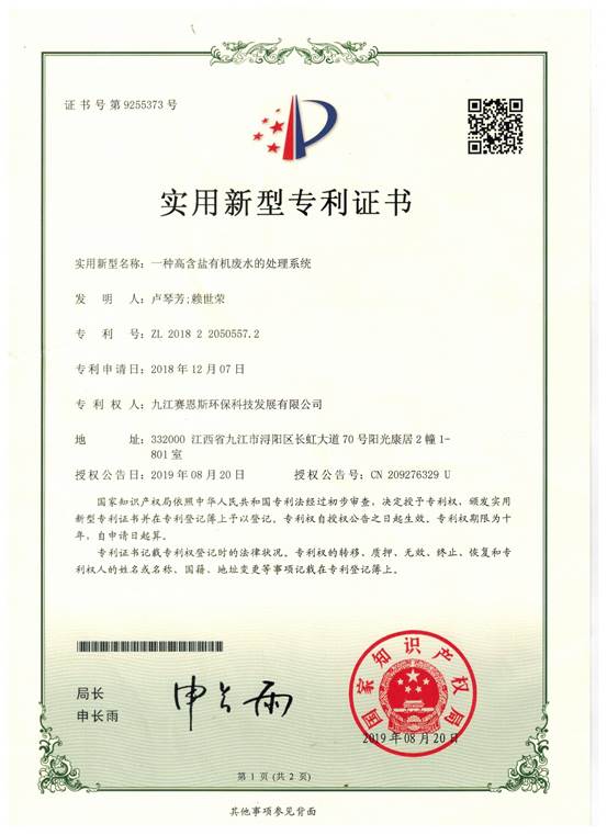 新型实用专利(一种高含盐有机废水的处理系统) 001